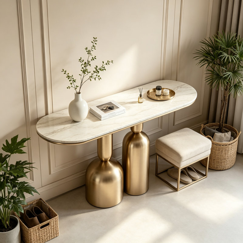 Console de style italien de luxe, H 33,5 po x l 39,4 po x P 13,8 po, Blanc / or champagne, Or champagne