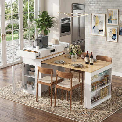 Extendable Kitchen Island with Folding Tabletop, Bar Table with Drawers and Power Outlet, Rolling Sideboard with Hooks for Kitchen, Dining Room, Creamy White and Natural