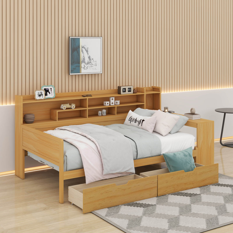 Lit de jour simple avec tablettes de rangement, deux tiroirs de rangement et bureau d'étude, Naturel