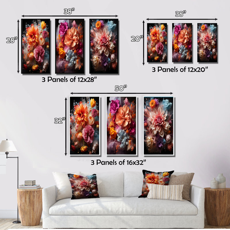 «Collage of Vibrant Blossoming Dahlia Flowers», 3 pièces sur toile, Cadre flottant noir, H 32 po x l 48 po