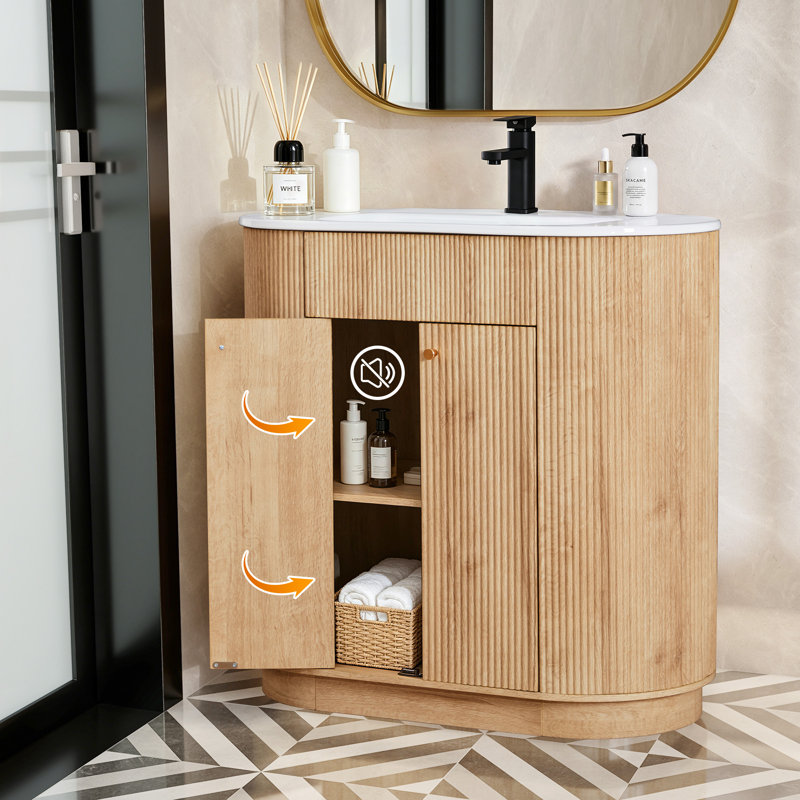 Ensemble de meuble-lavabo simple 35,83 "avec comptoir, robinet et armoire cannelée, Natural