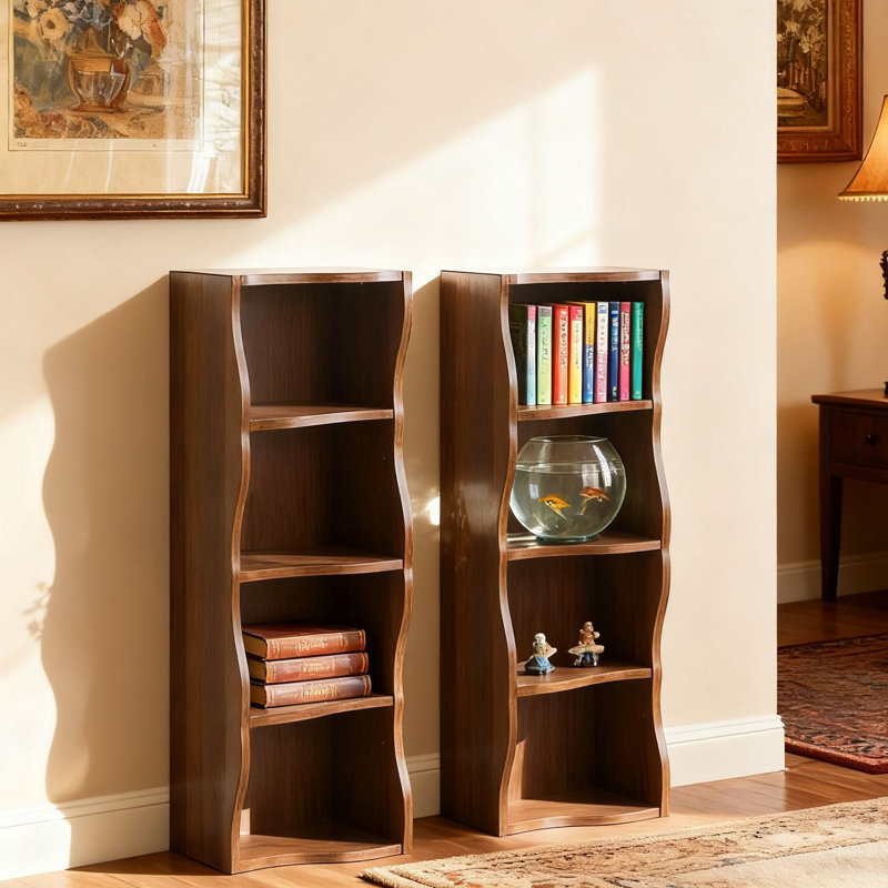 Tall Narrow Wave Edge Bookcase, Freestanding Display Shelf for Home Office, Multiple Colors, Walnut