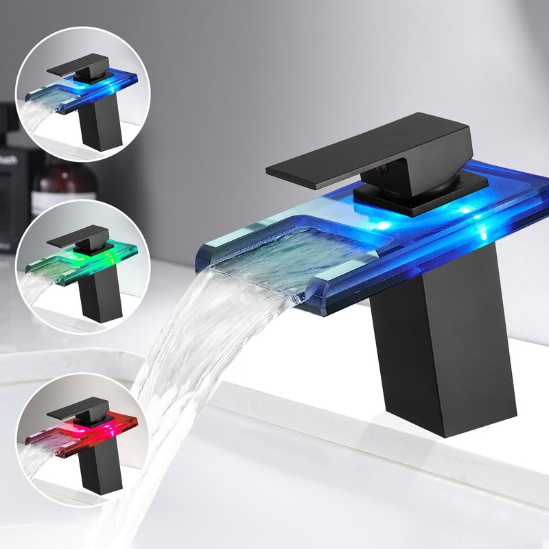 Bathroom Sink Faucet Led 3 Colors Varying, Waterfall Spout, Hot Cold Water Mixer, Single Handle One Hole Deck Mounted Black Plumbing Tap Transforming, Lavatory