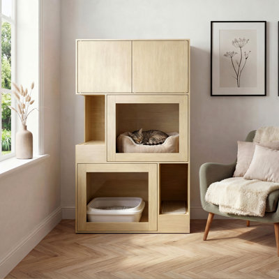 Cat Litter Enclosure with Storage & Scatter Guard for 2 Cats, Space Saving, 40Dx80Wx140H cm, Natural