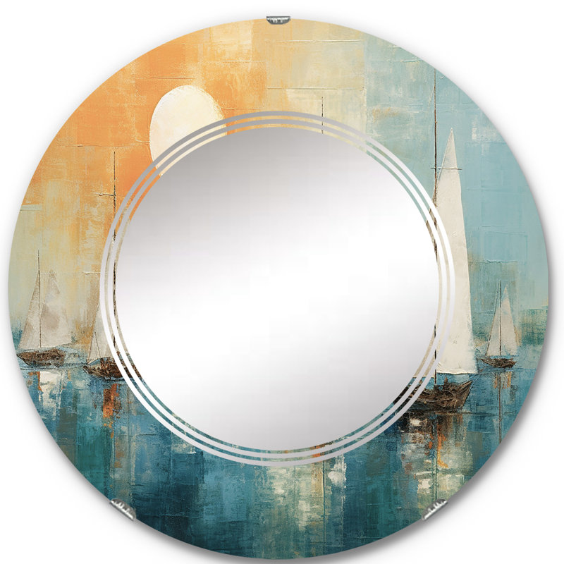 Bateau abstrait Coastline I - Miroir mural moderne rond, 24 po x 24 po