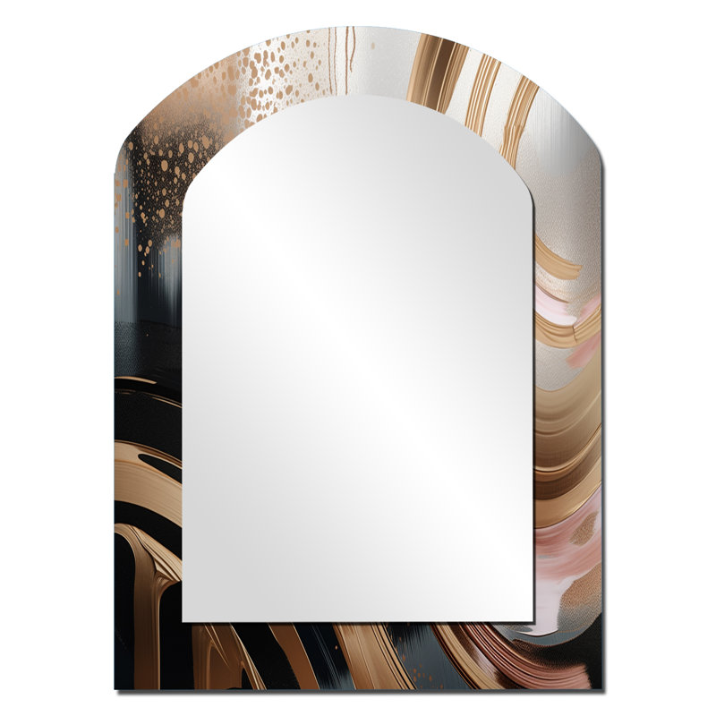 Or et rose vibrant tourbillons III - miroir unique de forme irrégulière en marbre, grand miroir mural asymétrique doré, impression d'art en métal
