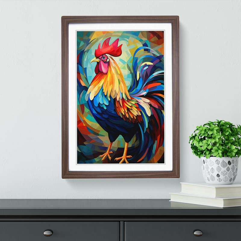 Rooster Orphism - Single Picture Frame Print on Wood, 34cm H x 25cm W x 2cm D, Walnut