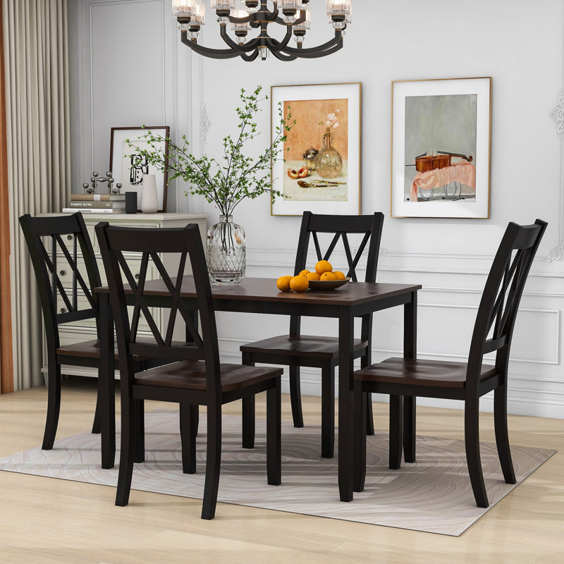 Ensemble de table de salle à manger 5 pièces avec cadre en bois et chaises ergonomiques Farmhouse, Noir