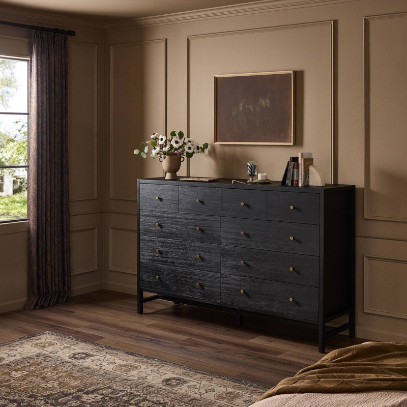 Commode 10 tiroirs Soline, Acacia noir brossé massif
