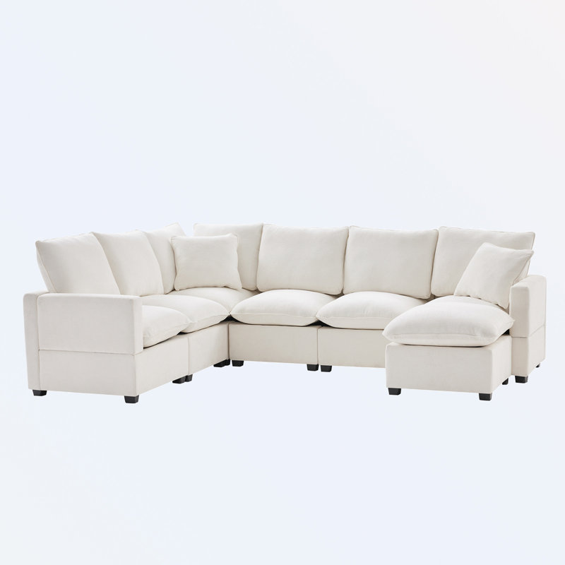 Illyas Upholstered U-Shaped Sectional Reversible, White Chenille