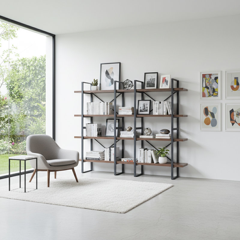 Kaecyn 56.69'' H x 70.86'' W Metal Etagere Bookcase, Walnut/Black, 56.69" H x 70.86" W x 11.34" D