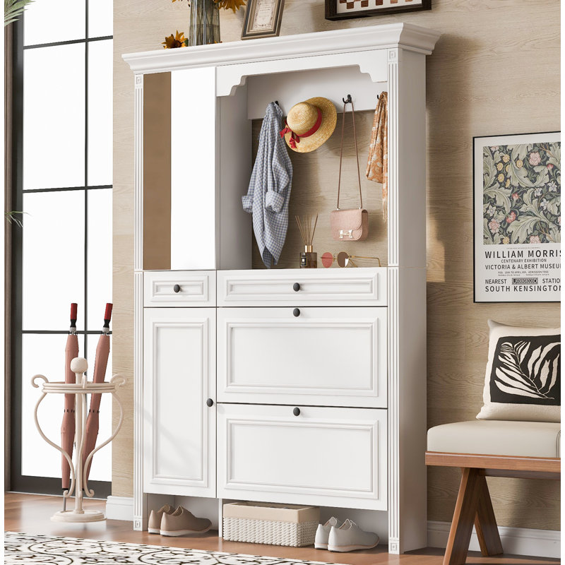 54.7" Hall Tree with Integrated Shoe Cabinet and Mirrored Cabinet Door, Coat Hanger, Entryway Bench, 4-in-1 Design, 2 Flip Drawers, 4 Hooks and 2 Cabinets for Entrance,Living Room