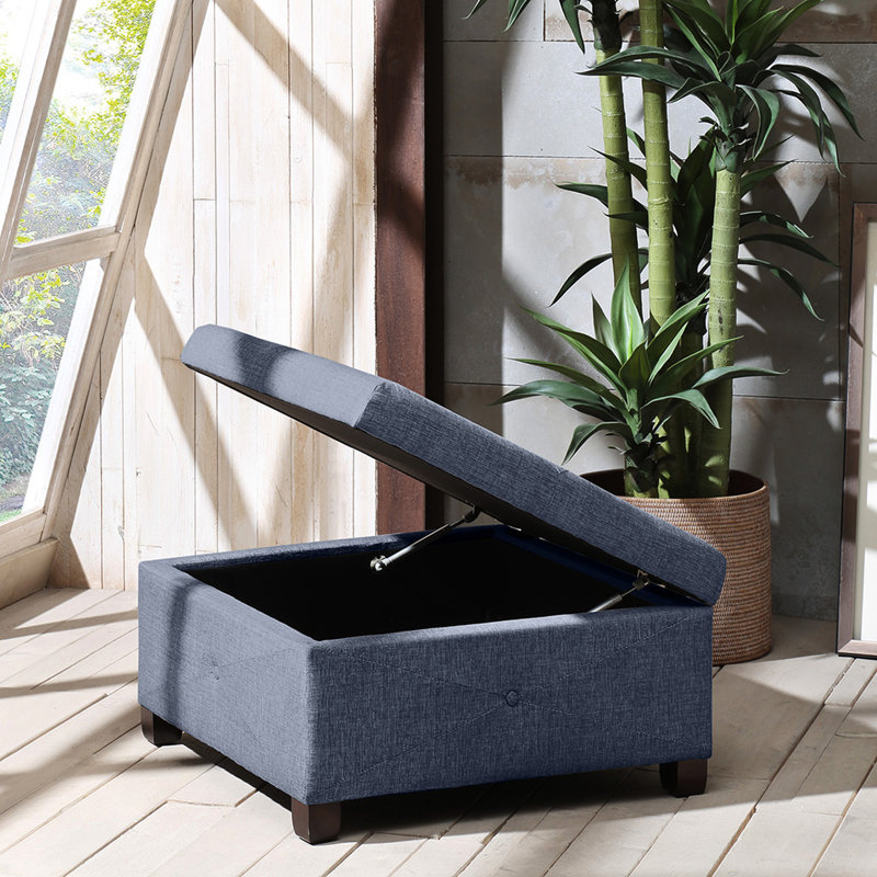 Square Storage In Blue Shade - Solid Wood Legs, Dark Finish Seat And Plywood, Button
