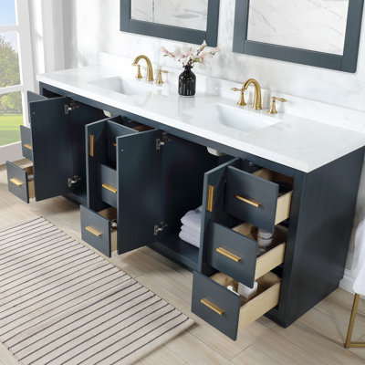 Gazsi 84" W Solid and Manufactured Wood Double Bathroom Vanity with Engineered Stone Top