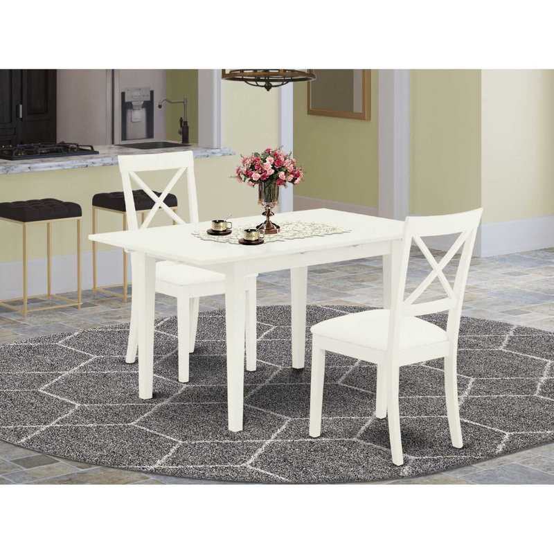 3-Piece Linen White Finish Solid Wood Top Dining Table Set