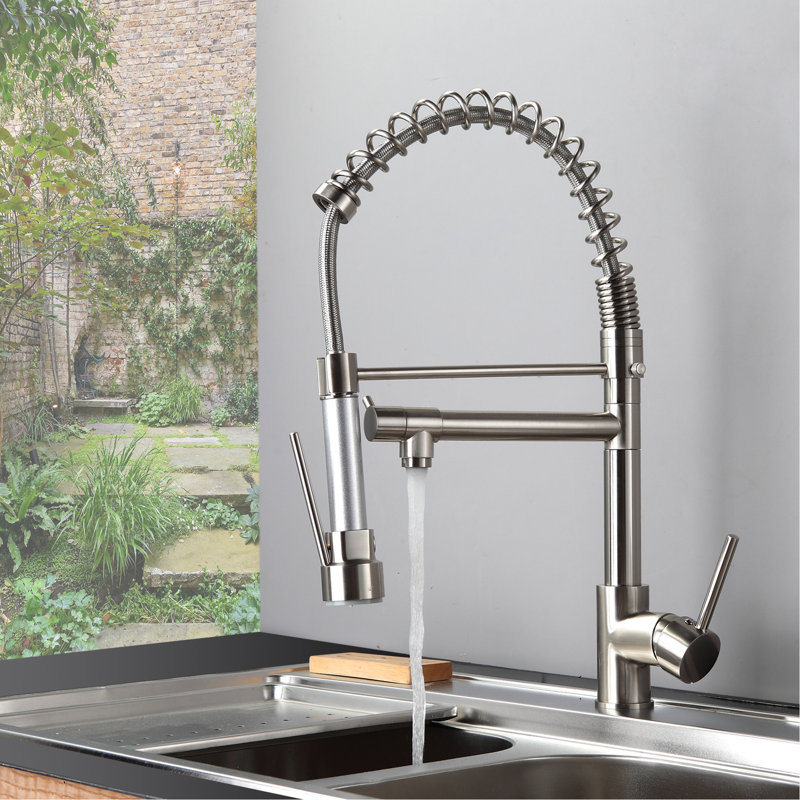 Robinet d'évier de cuisine avec bec rétractable, nickel brossé, laiton massif, poignée simple, fabrication moderne en laiton, poignée