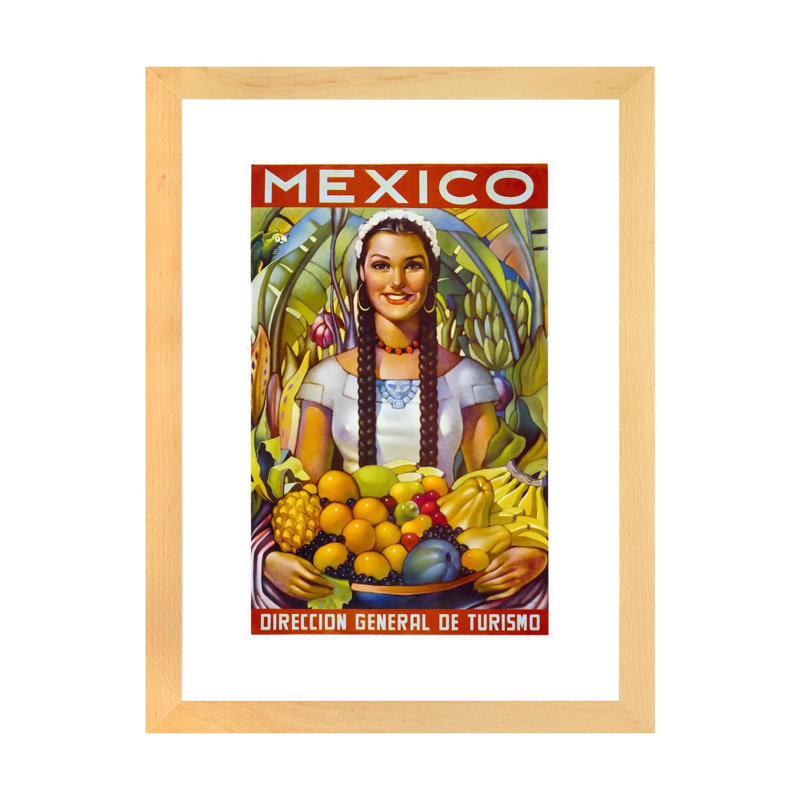 Mexique - impression d'art graphique, H 32 po x l 24 po x P 1 po, Toile avec cadre en bois beige