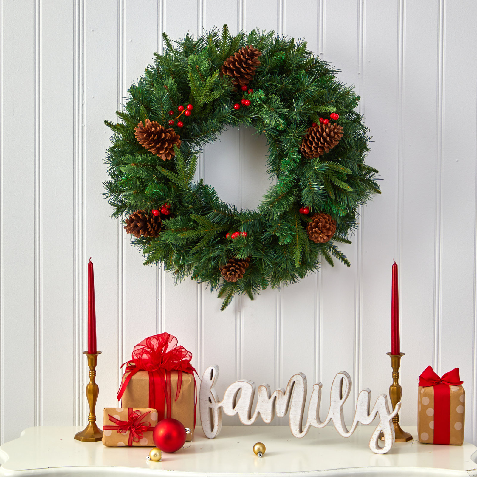 24'' Faux Pine Lighted Wreath