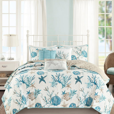 Ensemble de courtepointe 6 pièces pour lit double en coton luxueux avec coquillages, étoiles de mer et coraux