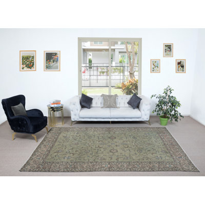 Tapis turc vert fait à la main 7,3 x 11,2 pi pour décoration moderne de maison et de bureau