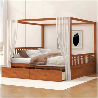 Wooden Canopy Bed With Storage Drawers