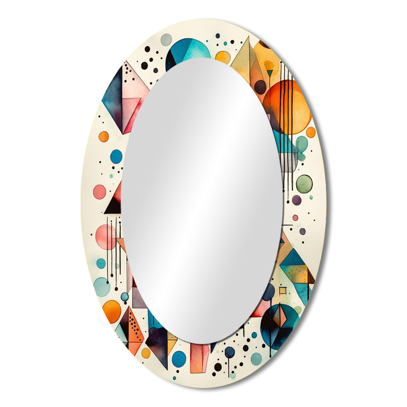 Géométrie bleue et orange Balance I - Miroir décoratif abstrait ovale sur métal, 36 po x 24 po