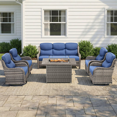 Beaulah 6-Piece All Weather Wicker Rattan Patio Rectangle Fire Pit Table Conversation Set With 4 Swivel Gliders