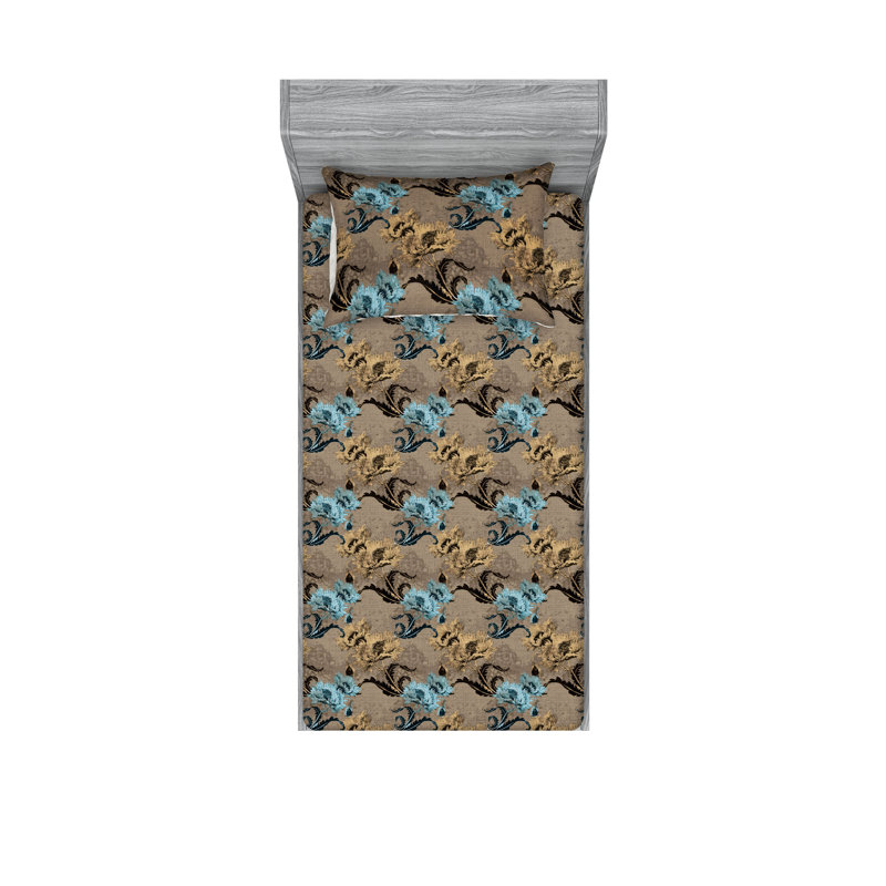 Ambesonne Fitted Sheet & Shams, Twin Sheet Set with 1 Pillowcase, Soft Blue/Caramel Flower