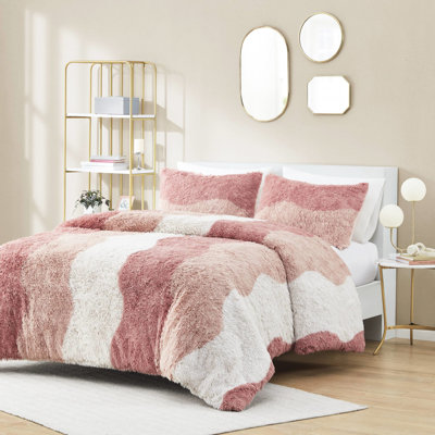Ombre Shaggy Faux Fur Duvet Cover Blush Multi For King/ King, 2 Shams, - , Button Closure And Soft Cozy King , Inner Ties, Skin Safe Bedding