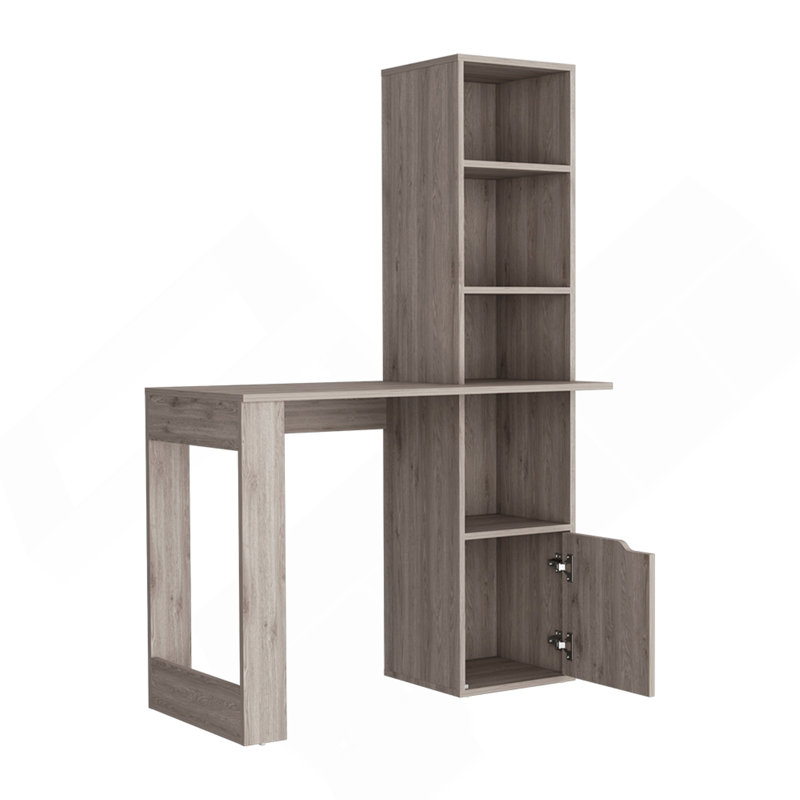 Bureau d'ordinateur avec armoire à une porte et tablette à 4 niveaux Bicknell, finition gris clair