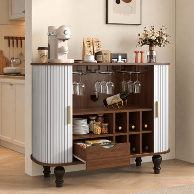39.4" Fluted Mid-Century Modern Bar Cabinet with 6 Wine Racks and 3 Glass Holders, Wine Cabinet with Hidden Storage Space on the Side