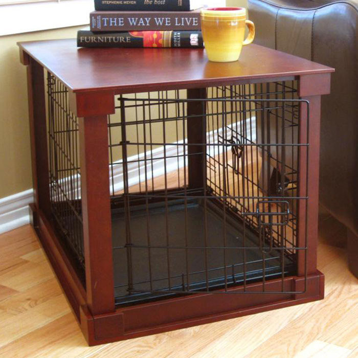 Ansel Decorative Pet Kennel with Wooden Protection Cover, Divider Insert, 23.27" H x 21.65" W x 32.68" D, Brown
