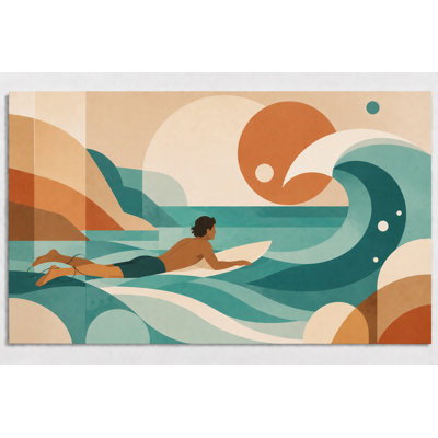 Large Abstract Surfer Wall Art Mid Century Modern Coastal Canvas Print Geometric Ocean Wave Artwork for Living Room Bedroom Beach House Decor 24x36 Inch Canvas Print - Ready to hang