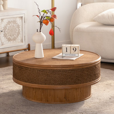 Table basse ronde de 31,5 po avec couvercle rabattable - corde de chanvre et rotin, de style rétro naturel, pour la salle à manger, la cuisine et le salon, naturel