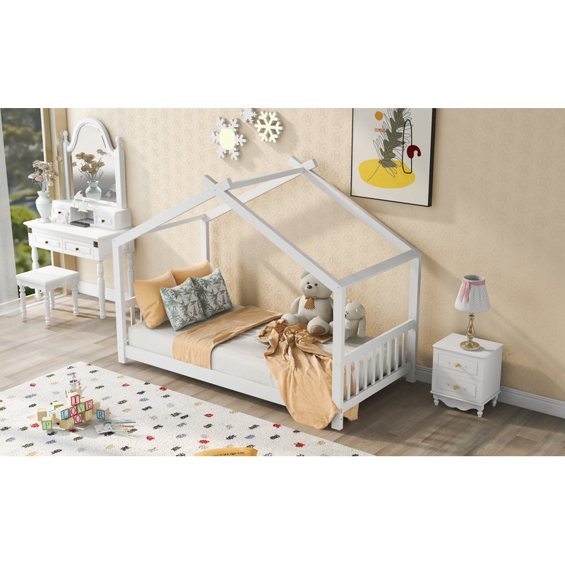 Lit plateforme simple avec tête de lit et pied de lit, conception de toit, blanc, Blanc