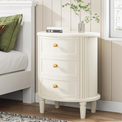 Table de chevet ovale 20 po à 3 tiroirs, table de chevet de ferme entièrement assemblée, table de bout en bois avec pieds solides et design unique pour la chambre à coucher, le salon, blanc beige