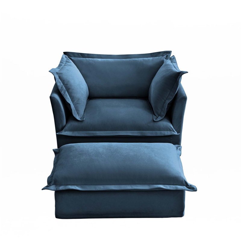 Fauteuil rembourré avec housse avec repose-pieds, Chenille bleu
