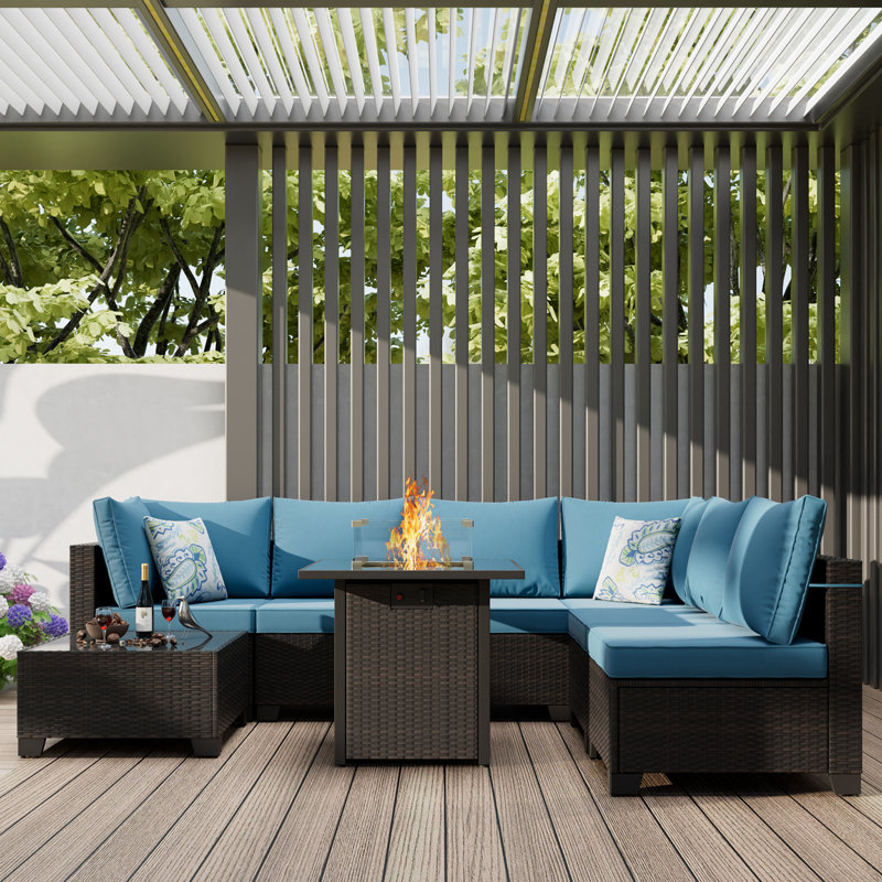8 Pieces Patio Furniture Set With Fire Pit Table, Includes Splashproof Anti-Slip Cushions - Perfect For Outdoor, Deck, Garden, Poolside