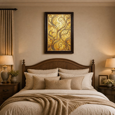Toile murale à motif mosaïque tourbillonnant doré avec accents aux couleurs de pierres précieuses
