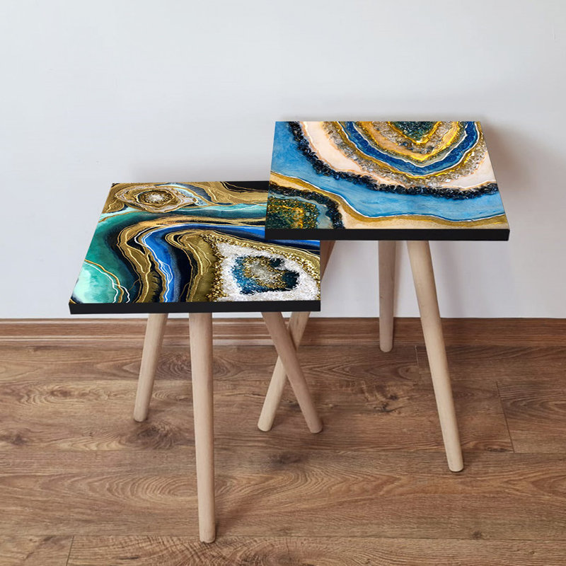 Ensemble de 2 tables gigognes élégantes en marbre, conception abstraite, 13,8 x 18,5 x 13,8 pouces et 13,8 x 16,5 x 13,8 pouces | 100% panneau de fibres à densité moyenne avec des pieds en bois de hêtre, robuste et élégant pour le salon, décoration intérieure moderne