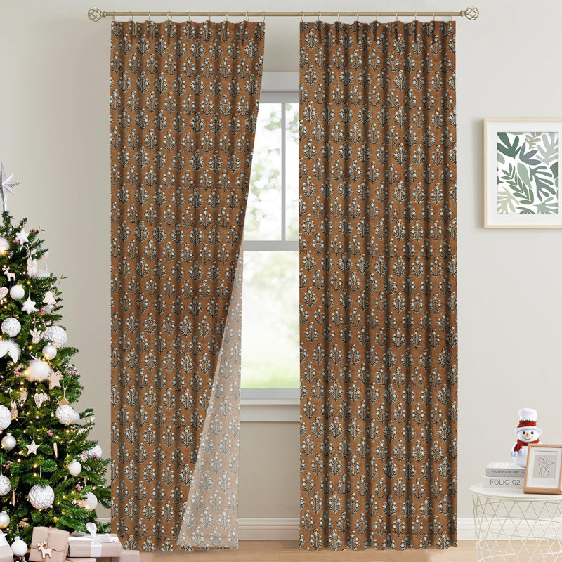 Fabdivine Hand Block Print Brown or Black Floral Pinch Pleated Curtains Home Office Décor Window Treatment, 27x63 Inches with Blackout Fabric  Thick Linen Kitchen Hook Drapes, Neel Gagan
