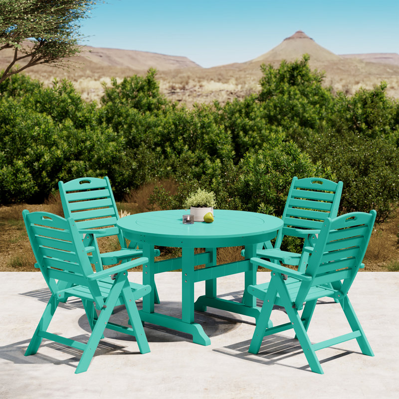 Laguna 5-Piece Round Table Folding Highback Chair Dining Set, Turquoise