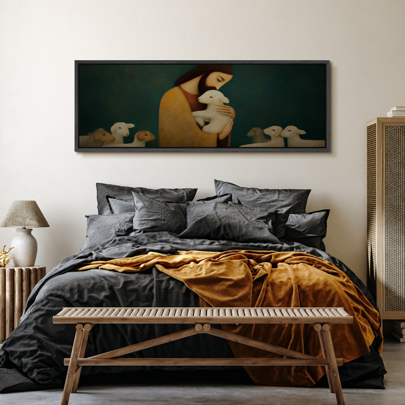 Reproduction d'art sur toile encadrée "Berger et agneau", H 20 po x l 60 po, Noir