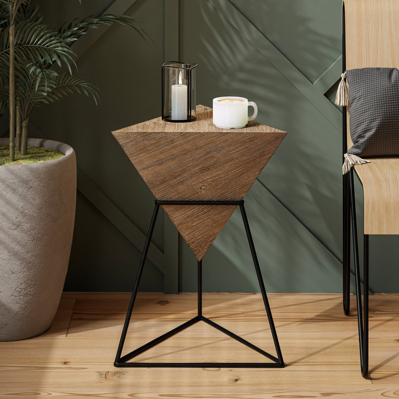 Brown Triangular MDF and Metal Geometric End Table