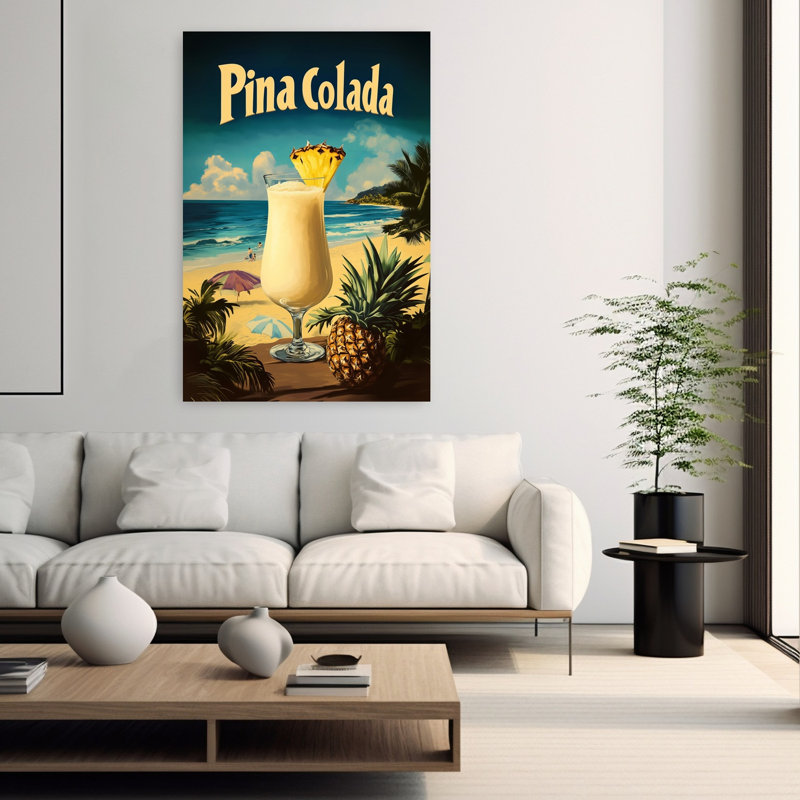 «Retro Pina Colada Beach», art abstrait rétro, palmier, plage, océan, H 60 po x l 40 po