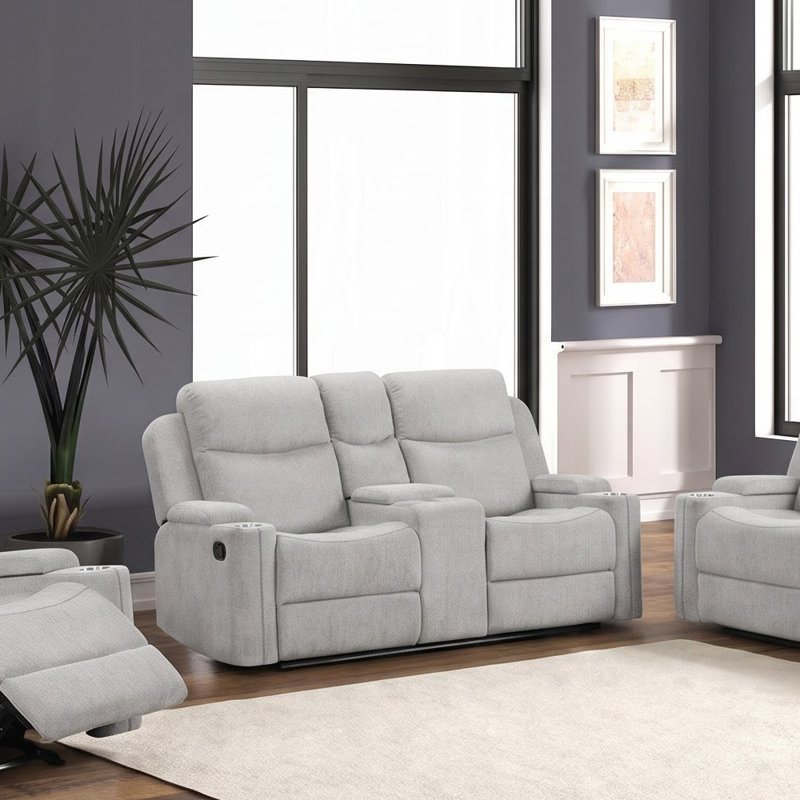Canapé deux places inclinable de 191,7 cm (75,4 po) avec console et accoudoir de rangement, en chenille gris pâle