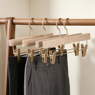 Wooden Pants Hangers with 360° Swivel Champagne‑Gold Hooks, Natural Camphor Wood Skirt Hangers with Adjustable Anti‑Slip Metal Clips for Vests & Scarves Trousers,Dresses，10 Pack