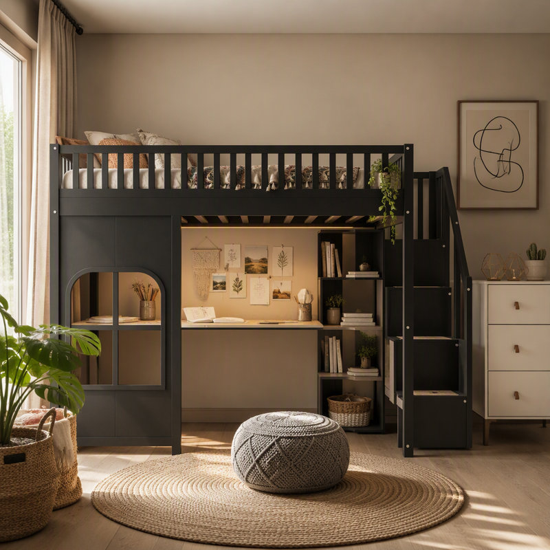 Lit mezzanine double avec escalier de rangement, DEL, USB, panneau de fenêtre décoratif et tablettes ouvertes intégrées, noir
