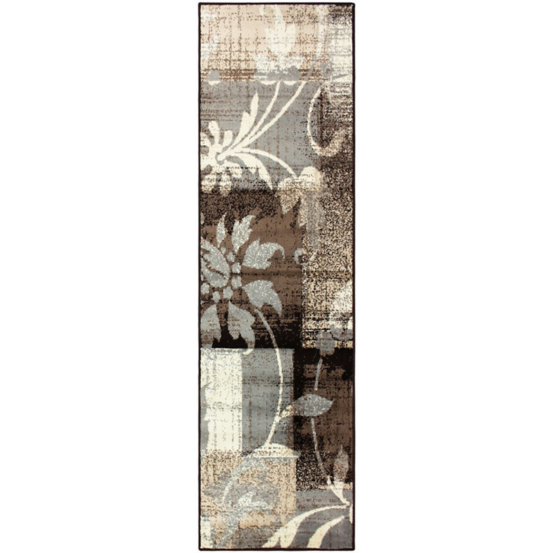 Beige And Gray Floral Power Loom Distressed Stain Resistant Rug