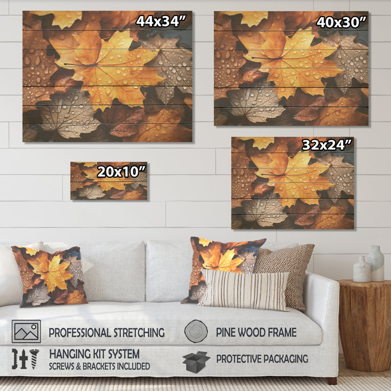 Jaune et orange feuilles d'automne mapple IV - érable sur bois, H 10 po x l 20 po x P 0,78 po